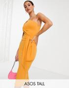 Asos Design Tall One Shoulder Side Knot Midi Dress In Mustard-orange