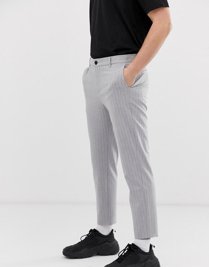 Bershka Skinny Pinstripe Pants With Cropped Leg In Gray - Gray