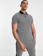 Asos Design Set Dogtooth Polo Shirt In Black & White-multi