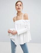 Asos Denim Cold Shoulder Top With Pleated Peplum And Cuff Detail - White