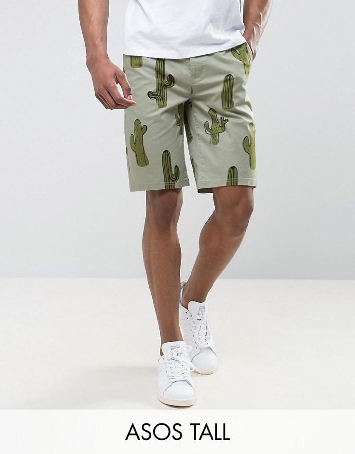 Asos Tall Slim Chino Shorts In Cactus Print - Green