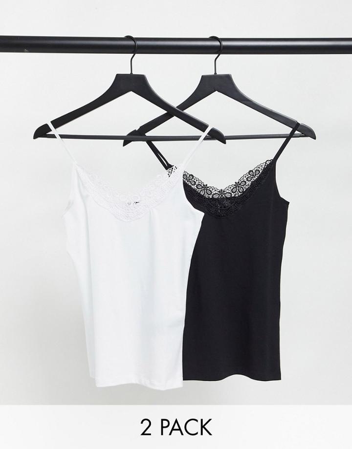 Vero Moda Organic Cotton 2 Pack Cami Top With Lace Detail In Black And White-multi
