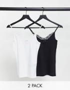 Vero Moda Organic Cotton 2 Pack Cami Top With Lace Detail In Black And White-multi
