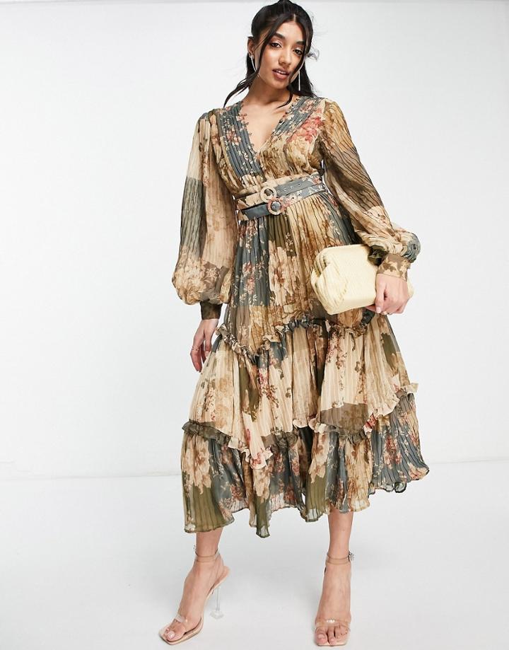 Asos Design Pleat And Double Belt Detail Midi Dress With Patchwork Print-multi