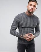 Asos Muscle Fit Ribbed Sweater In Charcoal - Gray