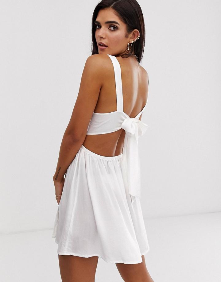 Asos Design Tie Back Cross Front Split Beach Sundress In White - White