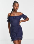 Naanaa Lace Bardot Mini Dress In Navy