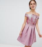 Little Mistress Petite Bardot Sequin Top Mini Prom Dress - Pink