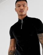 Asos Design Muscle T-shirt With Stretch And Turtle Zip Neck In Black Velour - Black