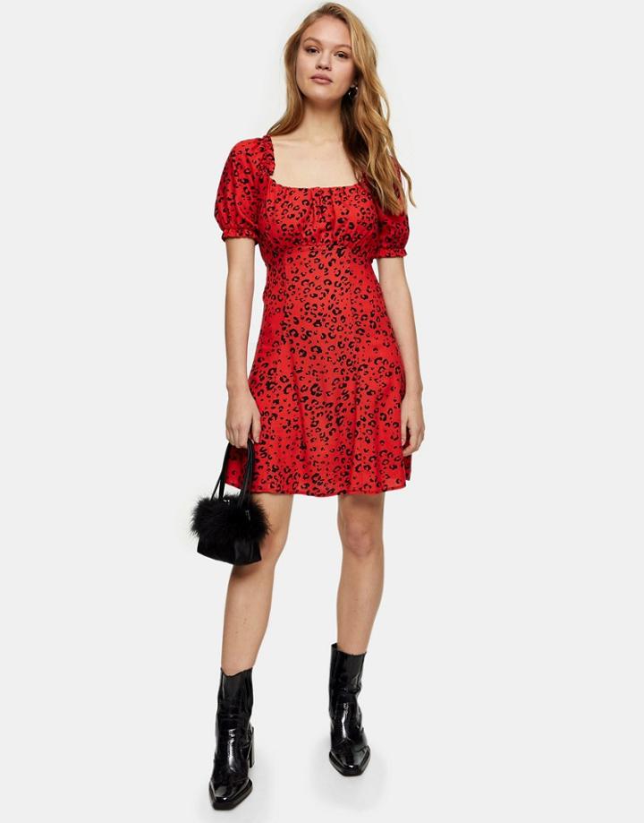Topshop Leopard Print Gathered Bust Mini Dress In Red