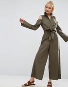 Asos Shirt Jumpsuit With Tie Front Detail And Cold Shoulder - Green