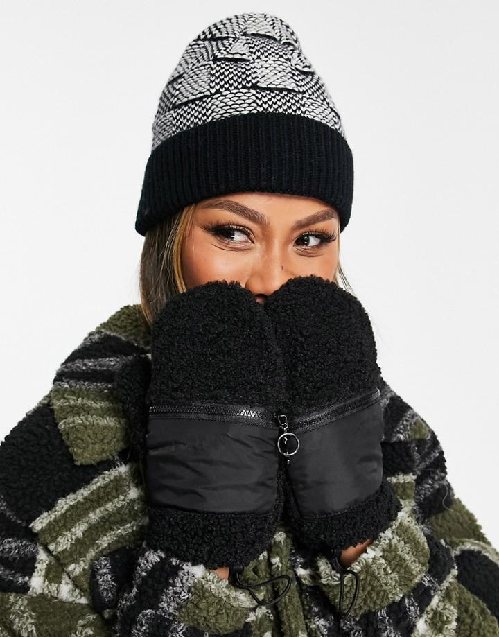 Topshop Shearling Nylon Mix Mittens In Black