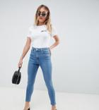 Asos Design Petite High Rise Ridley 'skinny' Jeans In Pretty Mid Stonewash Blue-blues