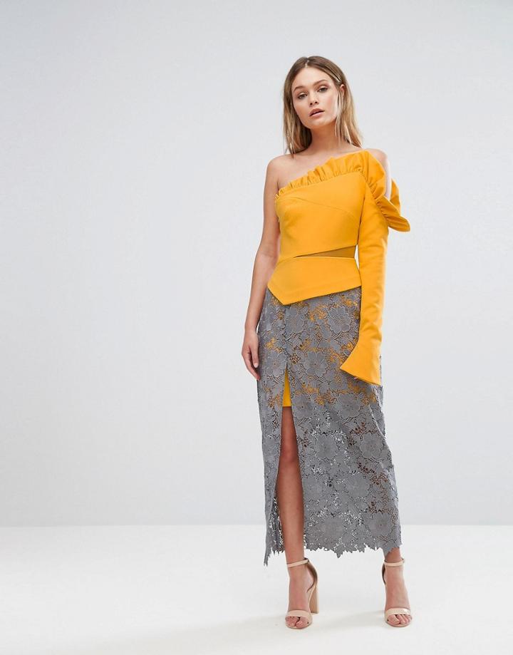 Three Floor One Shoulder Ruffle Dress With Lace Skirt And Thigh Split - Multi