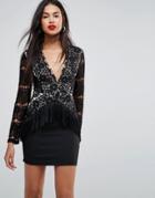 Missguided Long Sleeve Lace And Tassel Detail Mini Dress - Black