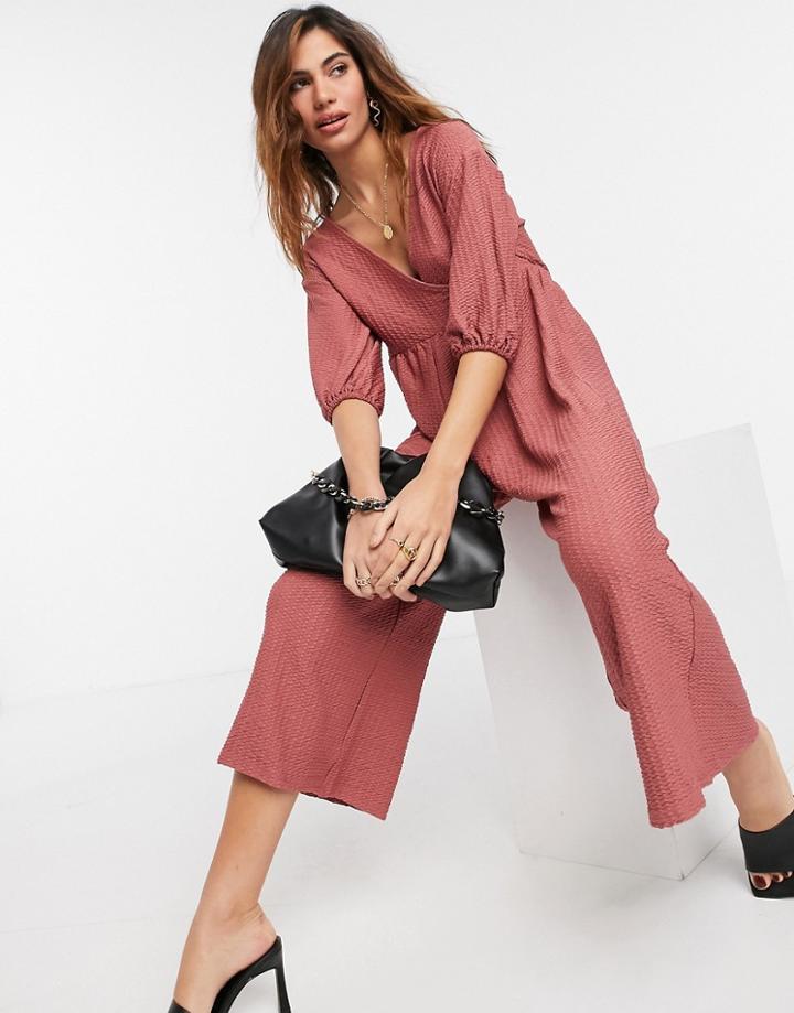 Asos Design Textured Wrap Smock Jumpsuit In Winter Rose-brown