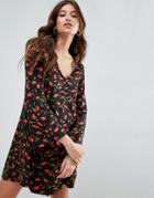 Asos Button Through Swing Dress With Trumpet Sleeve In Floral Print - Multi