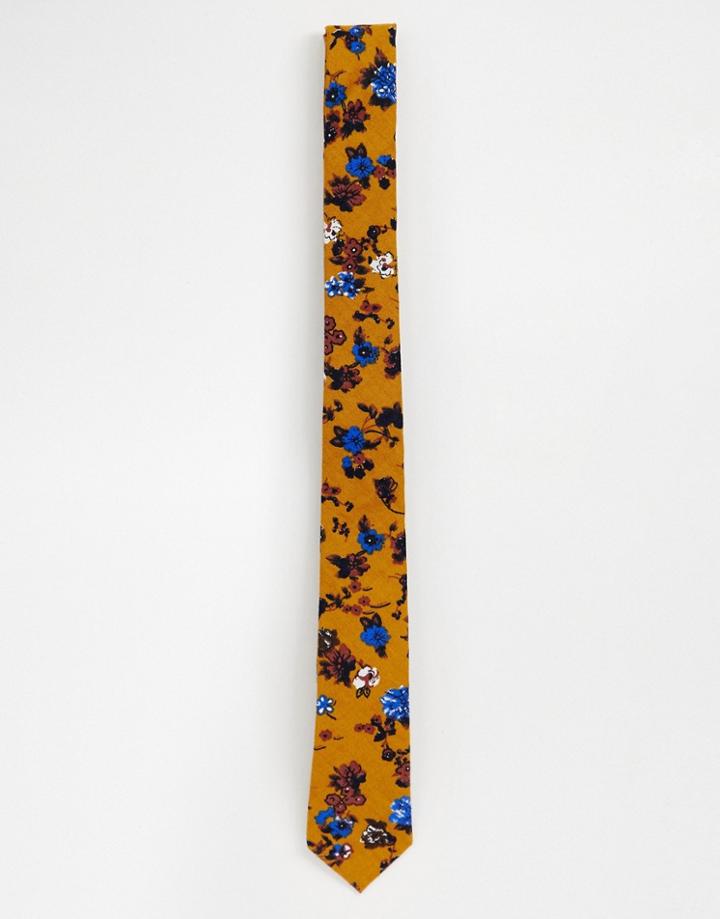 Asos Design Slim Textured Mustard Floral Tie - Yellow