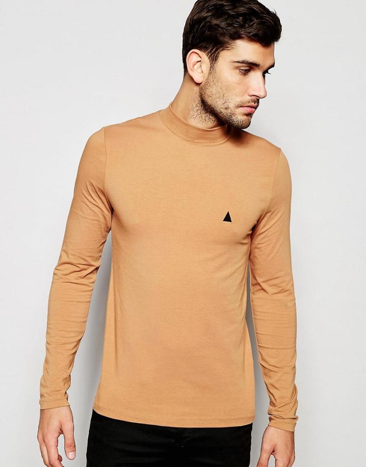 Asos Muscle Long Sleeve T-shirt With Turtleneck And Logo In Tan - Tan
