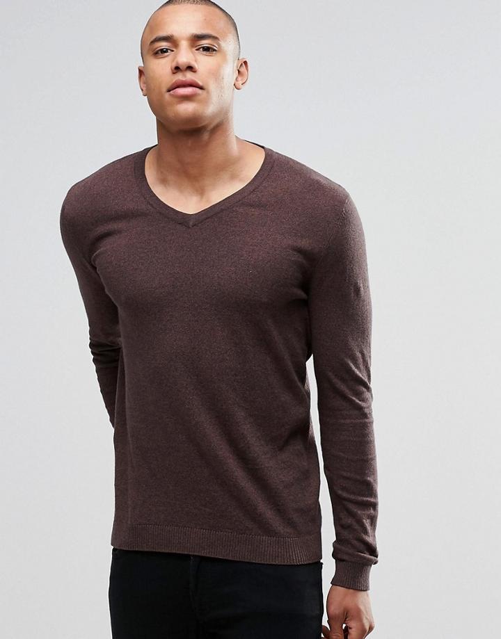 Asos V Neck Sweater In Navy & Tan Twist Cotton - Brown