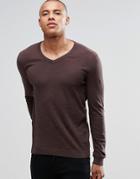 Asos V Neck Sweater In Navy & Tan Twist Cotton - Brown