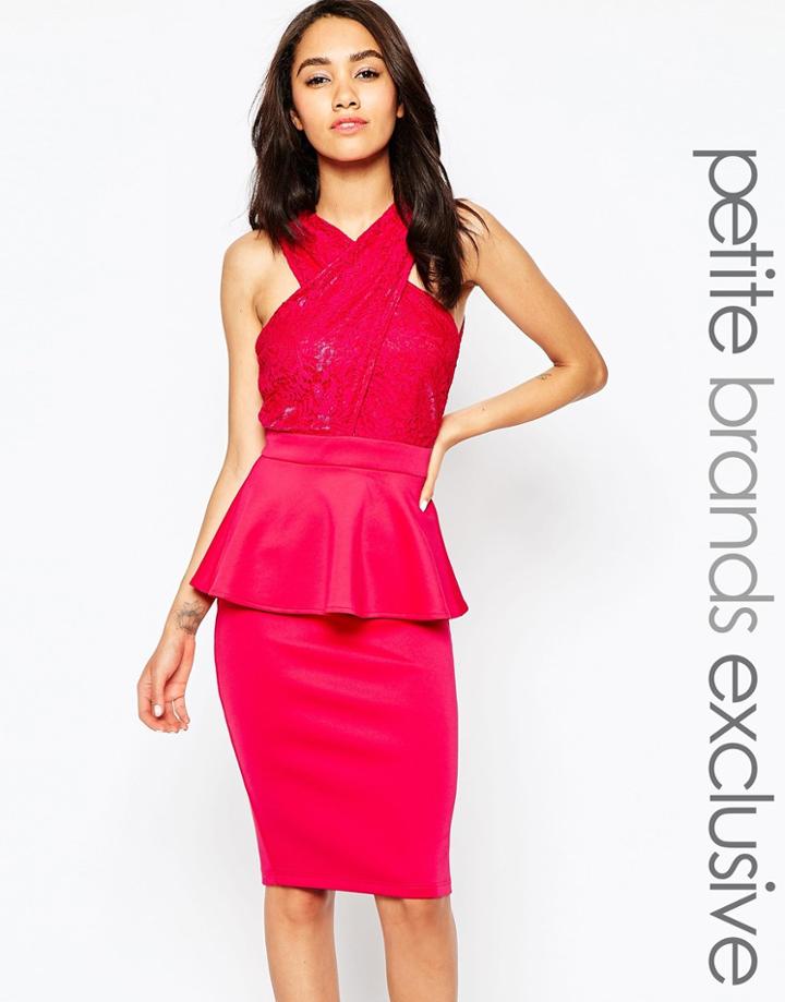 Lipstick Boutique Petite Lace Wrap Front Body-conscious Dress With Peplum - Pink