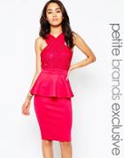 Lipstick Boutique Petite Lace Wrap Front Body-conscious Dress With Peplum - Pink
