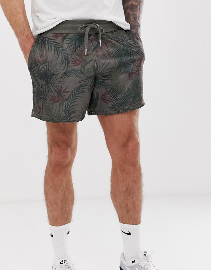 Asos Design Jersey Shorts With Leaf Print - Green