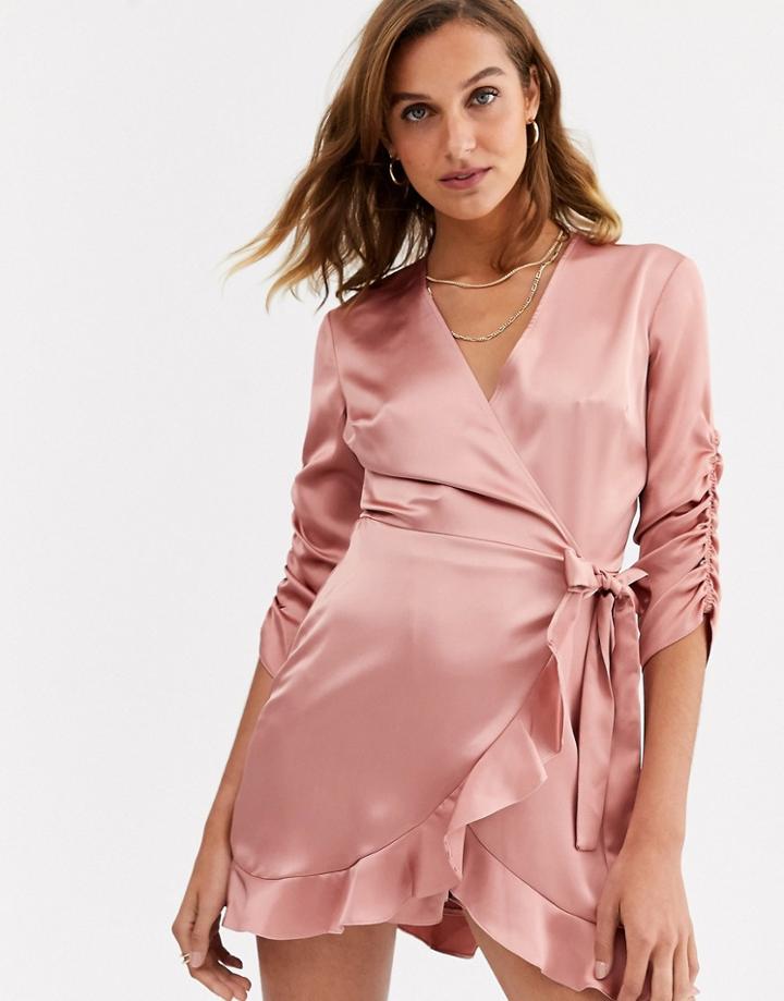 River Island Long Sleeve Wrap Satin Romper In Dusty Pink