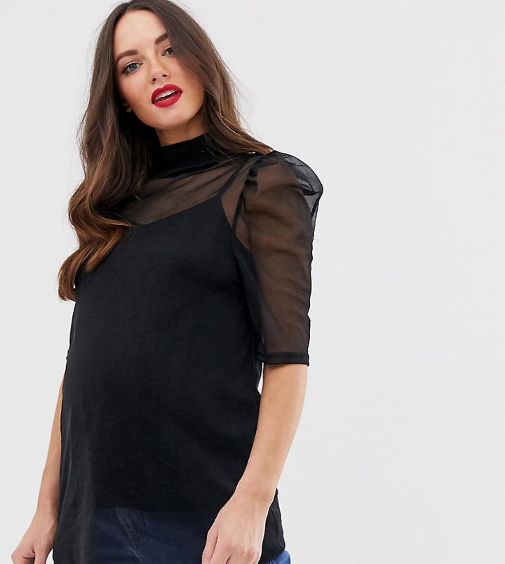 Asos Design Maternity High Neck Top In Mesh With Puff Sleeve And Cami-black