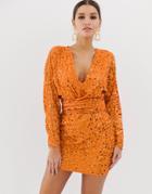 Asos Design Mini Dress With Batwing Sleeve And Wrap Waist In Scatter Sequin - Orange