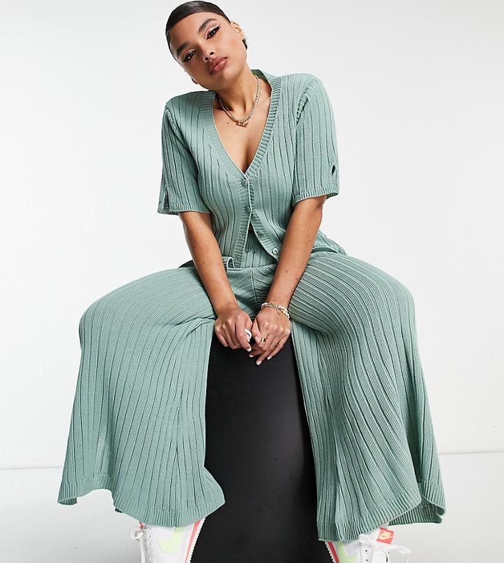 Asos Design Curve Set Knitted Rib Wide Pants With Split Hem In Sage Green