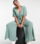 Asos Design Curve Set Knitted Rib Wide Pants With Split Hem In Sage Green