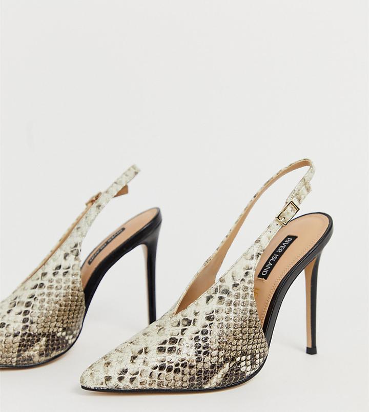 River Island Leather Slingback Heeled Shoes In Snake Print - Gray