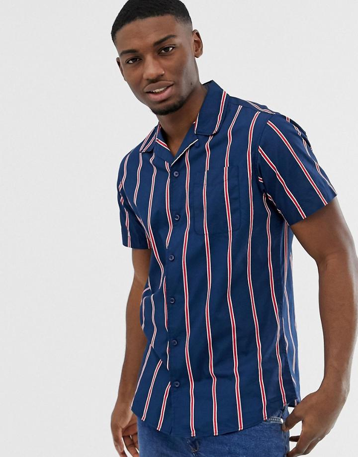 Jack & Jones Originals Short Sleeve Revere Collar Shirt With Vertical Stripe - Navy