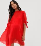 Asos Design Maternity Pleated Trapeze Mini Dress With Tie Sleeves - Red