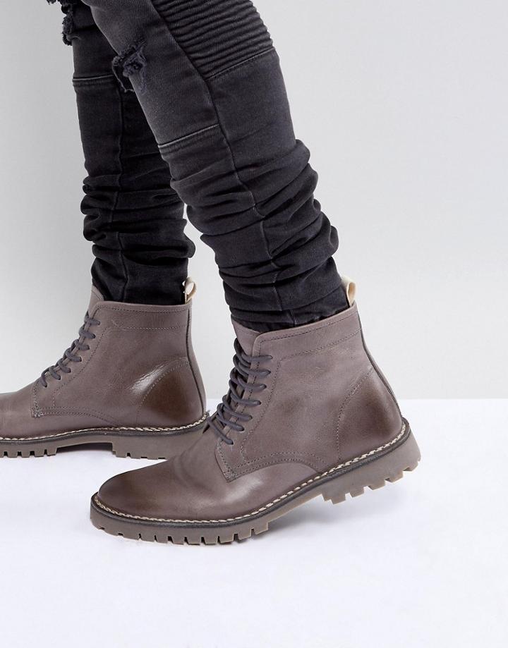 Asos Lace Up Boots In Gray Leather With Cleated Sole - Gray