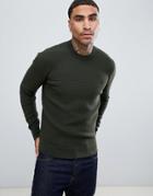Fred Perry Waffle Texture Crew Neck Knitted Sweater In Khaki-green