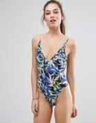 Asos Rainforest Tropical Print V Plunge Swimsuit - Multi