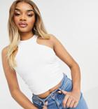 Asos Design Petite Racer Front Crop Top In Rib In White