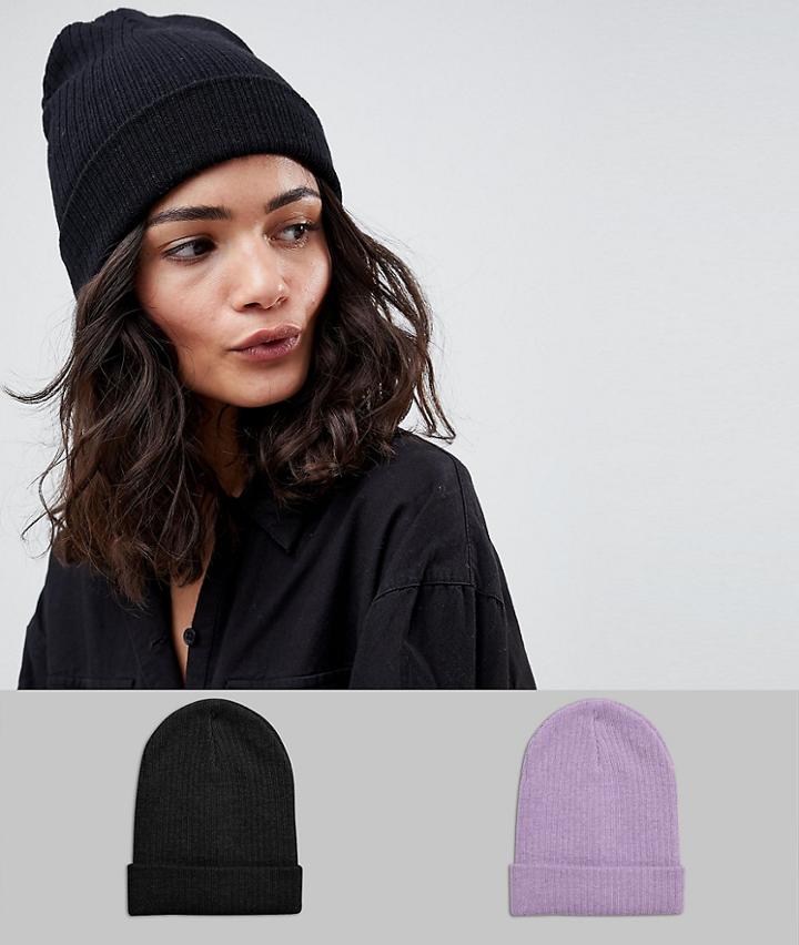 Asos Design 2 Pack Rib Beanie In Recycled Polyester - Multi