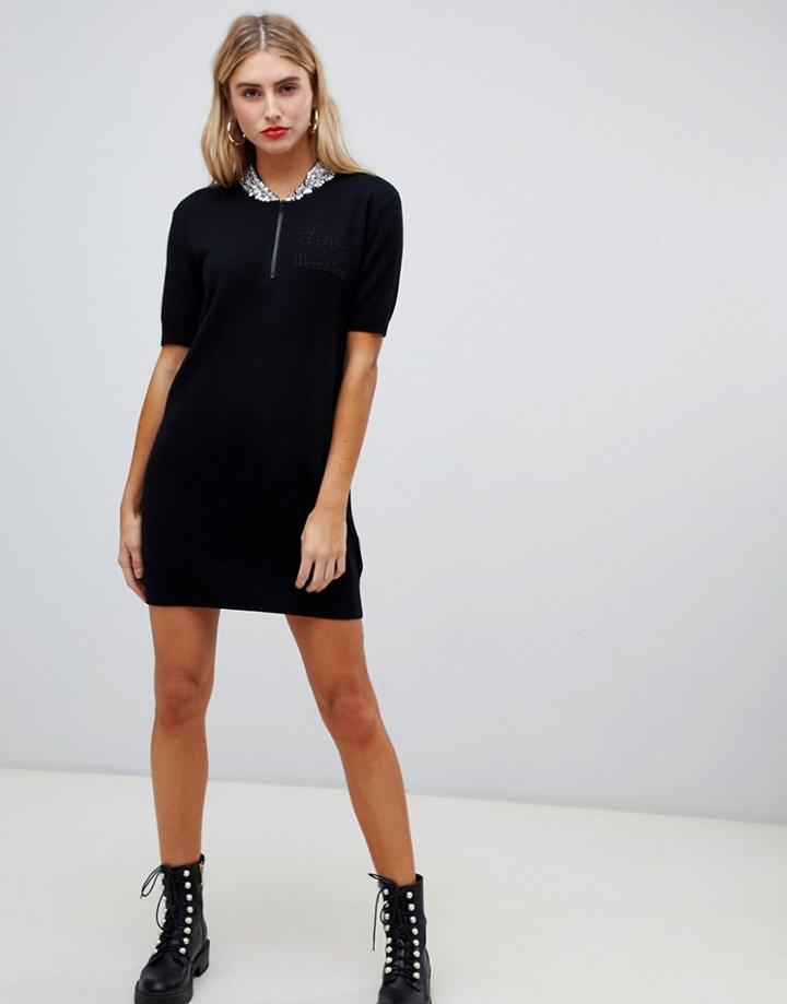 Love Moschino Zip Up Knit Dress With Rhinestone Collar - Black