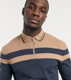 Asos Design Tall Long Sleeve Polo Shirt With Zip Neck And Contrast Panels In Waffle-navy