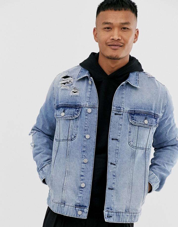 Asos Design Light Wash Blue Western Denim Jacket With Rips - Blue