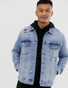 Asos Design Light Wash Blue Western Denim Jacket With Rips - Blue