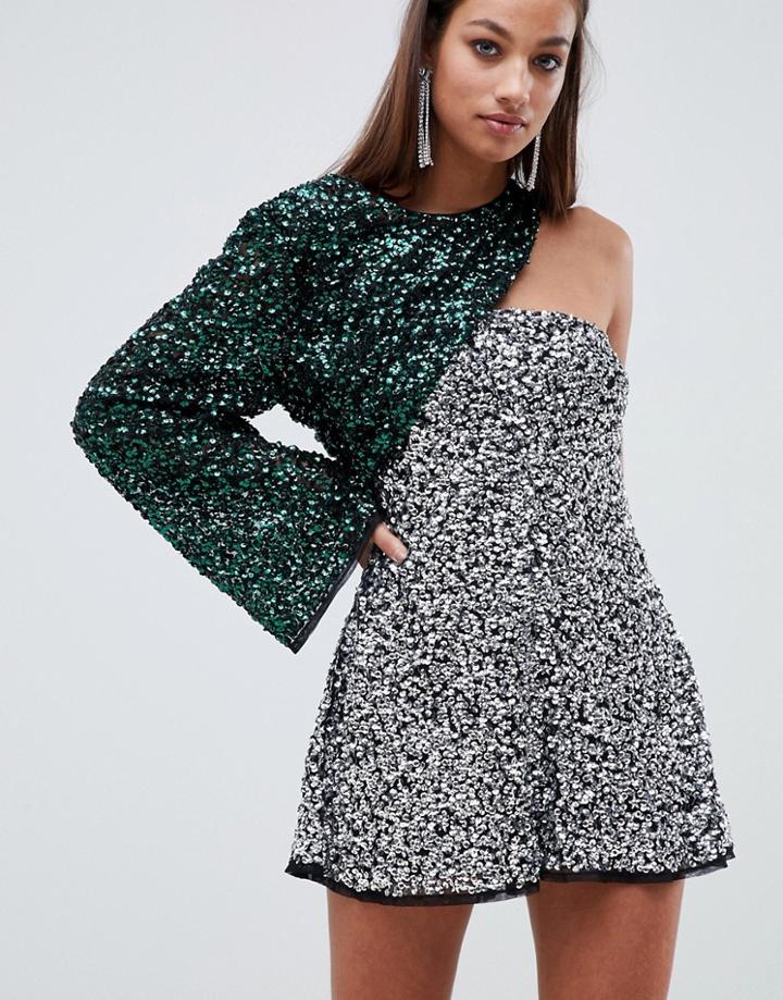 Asos Design Embellished One Shoulder Romper - Multi
