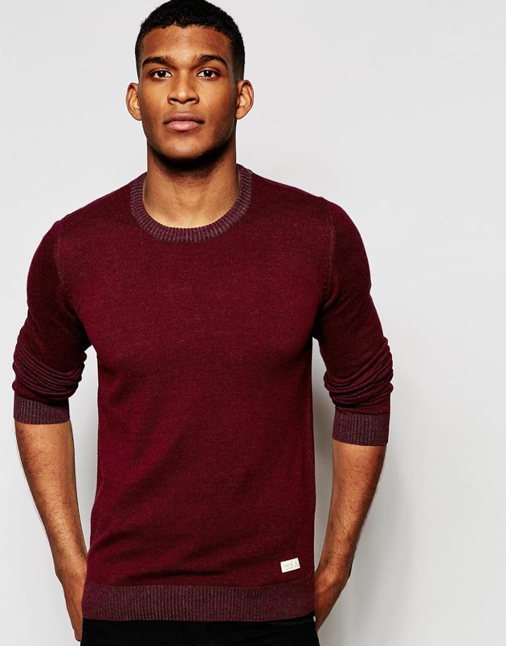 Blend Crew Sweater Slim Fit Two Tone Knit - Wine Red