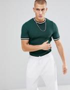 Asos Muscle Fit Ribbed Tee With Tipping Detail In Bottle Green - Green