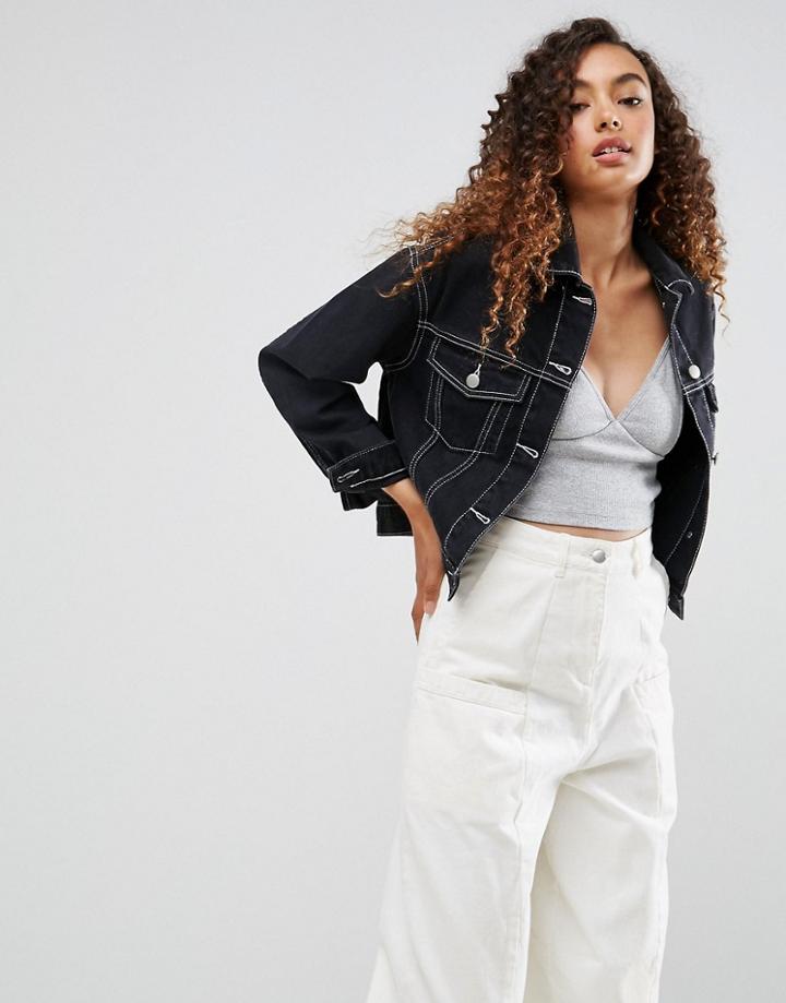 Asos Denim Jacket In Black With Contrast Threads - Black