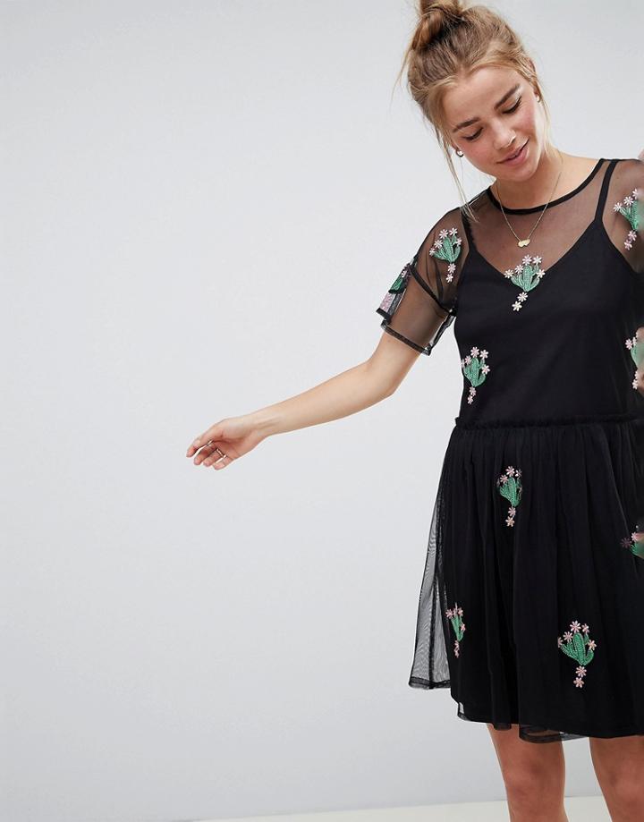 Asos Design Mesh Smock Dress With Cactus Applique-black